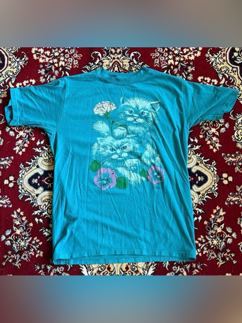 Vintage Jerzees Cats Flowers Blue T-Shirt Unisex Medium